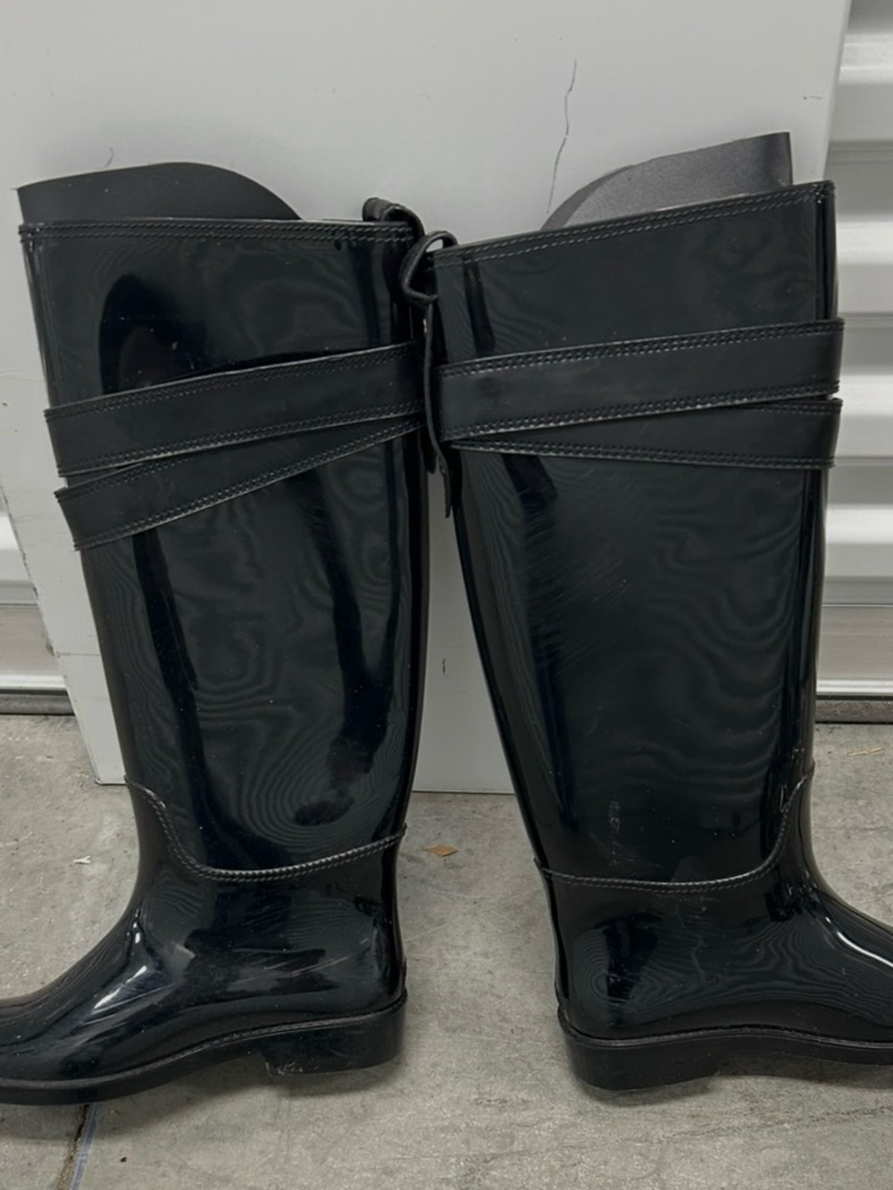 Coach Talia Black patent tall rain boots with gold hardware. Size 7 - Picture 2 of 5